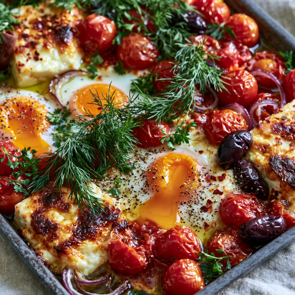 Close-up of a broken orange egg yolk marbling into white feta sauce in Mediterranean Baked Feta Eggs.