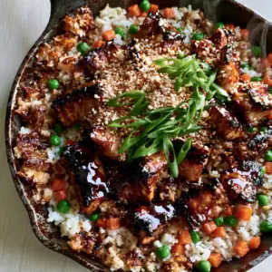 Close-up of charred chicken thigh chunks in a thick glossy teriyaki glaze over fried rice. (Teriyaki Chicken Fried Rice)