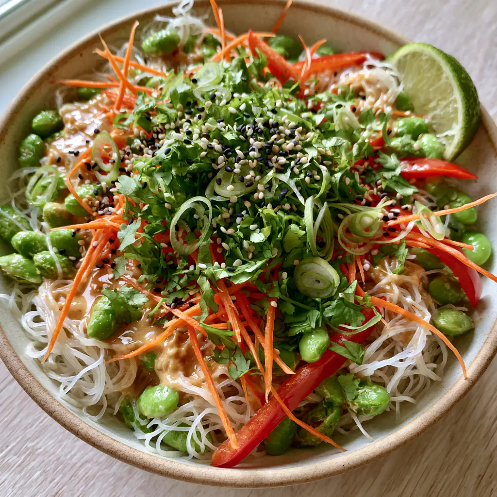 Close up of edamame rice noodle salad garnished with black and white sesame seeds and a lime wedge.