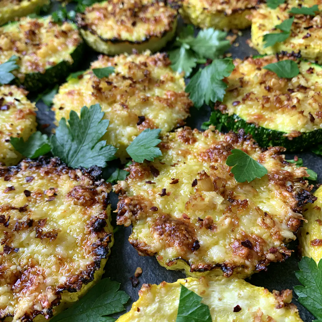 Authentic handheld photo of roasted zucchini and squash with charred edges and red pepper flakes.