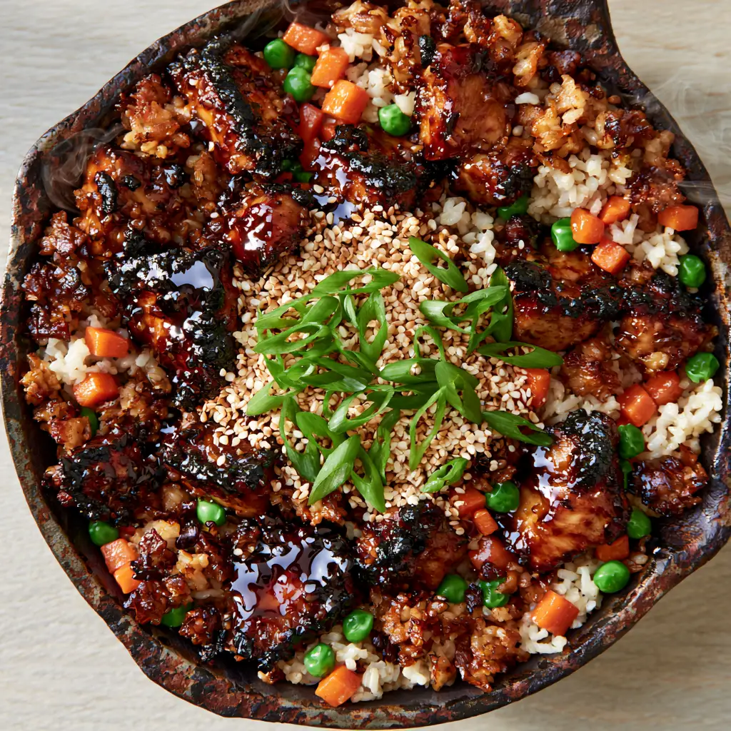 A top-down view of Teriyaki Chicken Fried Rice garnished with sesame seeds and scallions in a cast iron pan.