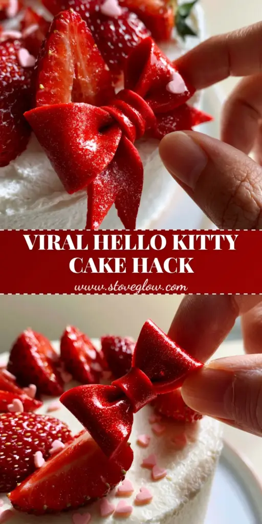 A minimalist white buttercream cake with fresh sliced strawberries and a glossy red fondant bow. (Hello Kitty Birthday Party Ideas)