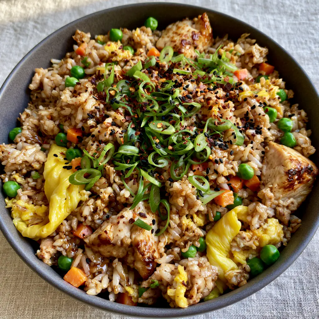 Chicken fried rice in a matte grey bowl showing juicy wok-seared chicken chunks and yellow egg ribbons.