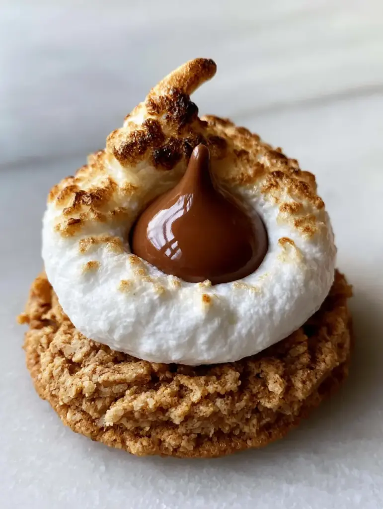 A s'mores blossom cookie being held up against a stone background in natural morning light.
