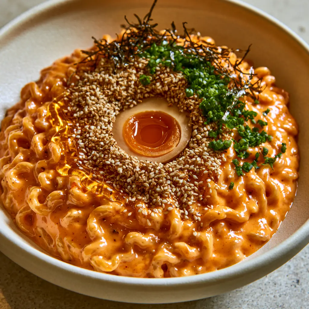 A close-up of a perfectly centered jammy egg on top of spicy Buldak ramen with toasted sesame seeds and nori.