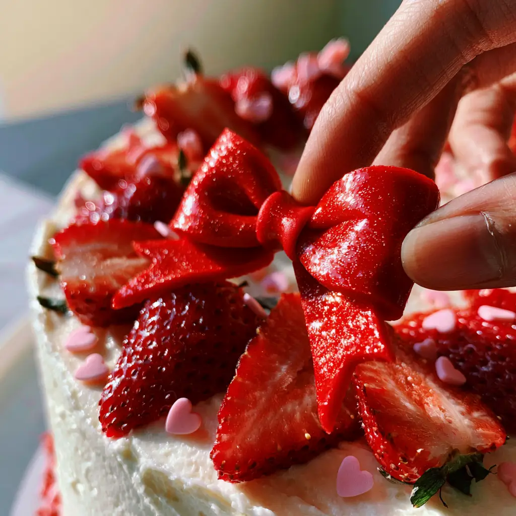 A close-up of smooth white buttercream frosting with vibrant red strawberry slices and tiny pink heart sprinkles.