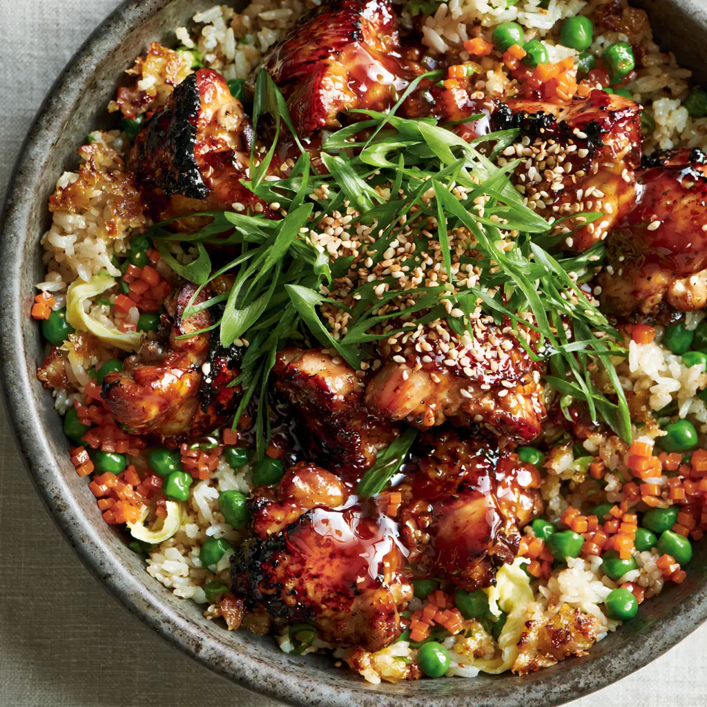 Close-up of golden egg ribbons and micro-diced carrots tossed with Japanese BBQ Chicken Fried Rice.