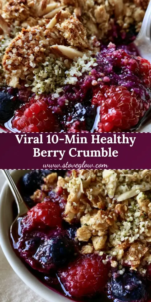 A close-up shot of a berry Breakfast Crumble in a rustic dish with a spoon lifting a jammy bite.