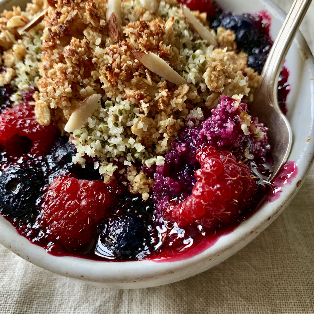 Close-up of crystalline hemp seeds and slivered almonds on top of a Breakfast Crumble.