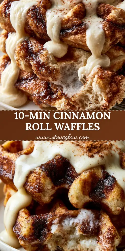 A stack of golden-brown cinnamon waffles with a deep cinnamon-sugar swirl and thick cream cheese glaze dripping down the sides.