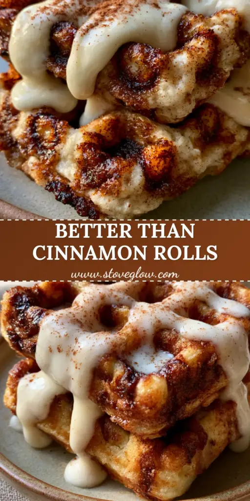 A stack of two thick Belgian cinnamon brown sugar waffles with deep pockets and visible caramelized swirls, topped with heavy white cream cheese glaze and cinnamon dusting.