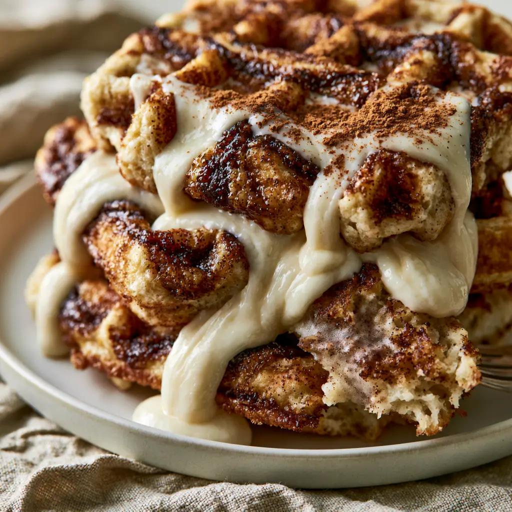Close-up of thick ivory cream cheese glaze pooling in the craters of golden cinnamon waffles.