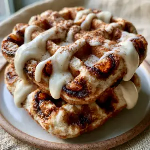 Handheld smartphone photo of golden-brown Belgian cinnamon brown sugar waffles on a ceramic plate with sharp focus on the crispy edges.